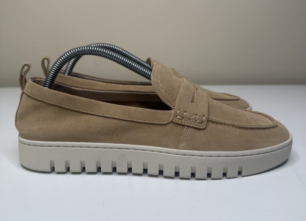 Vionic Uptown Loafer Womens 9.5 Wide Sand Suede Leather Slip On Lug Sole Shoe